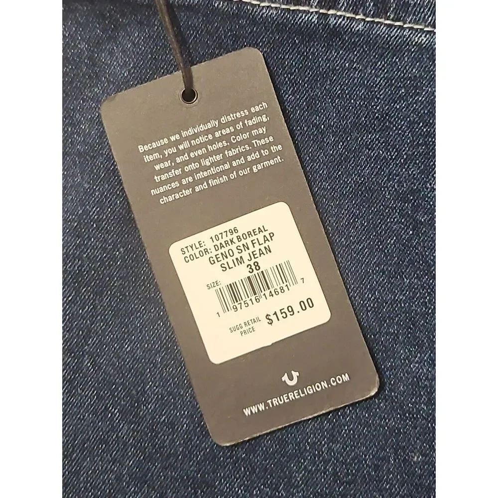 New‎ True Religion Mens 38 x 31 Geno Relaxed Slim Blue Jeans Flap SN MSRP $159